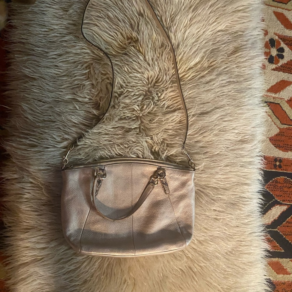 Coach Kelsey Satchel  Metallic Platinum/Gold Leather Bag with Reptile Trim - Picture 6 of 14
